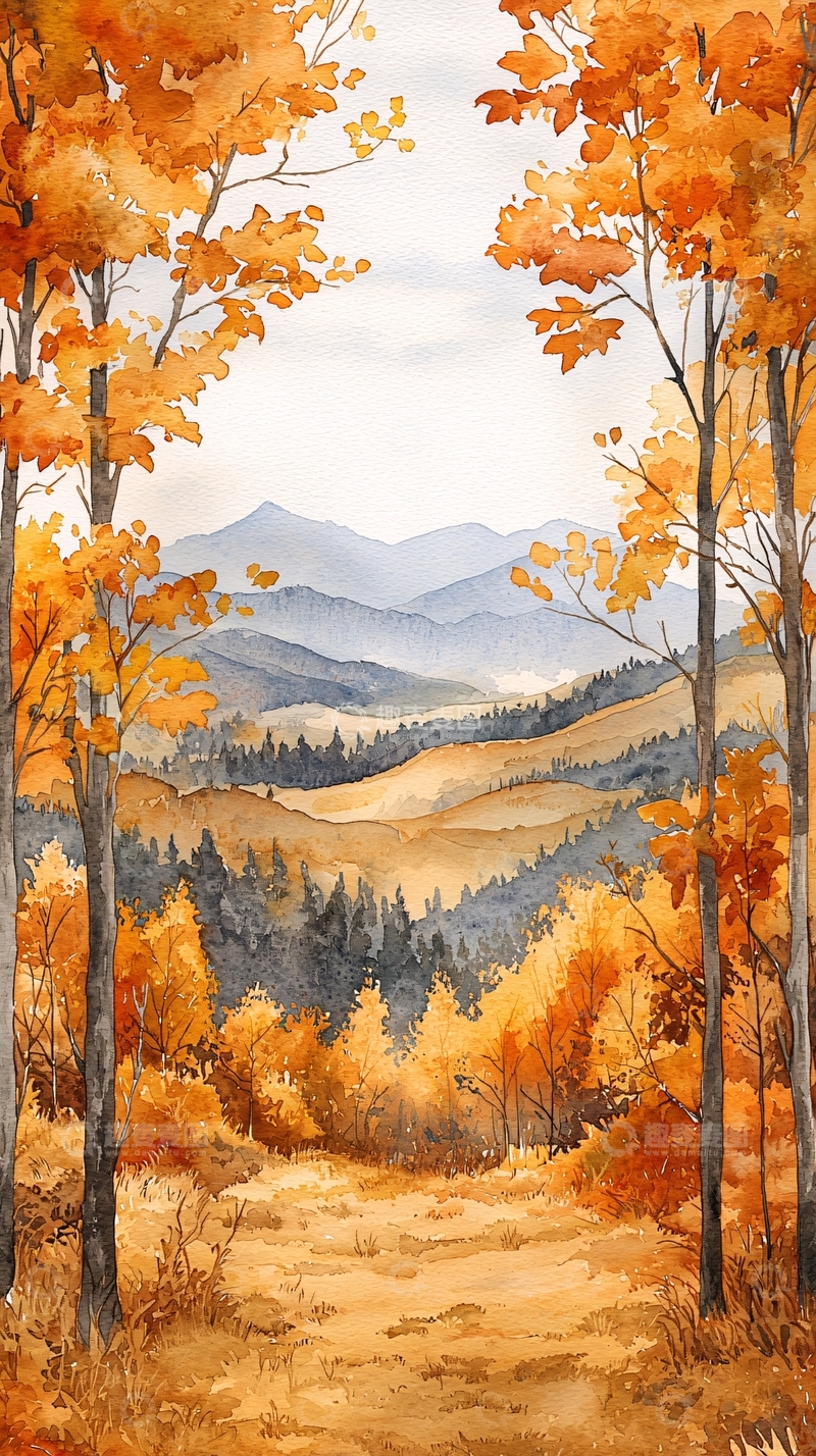 高清大图下载【趣麦麦图】秋日山林水彩画