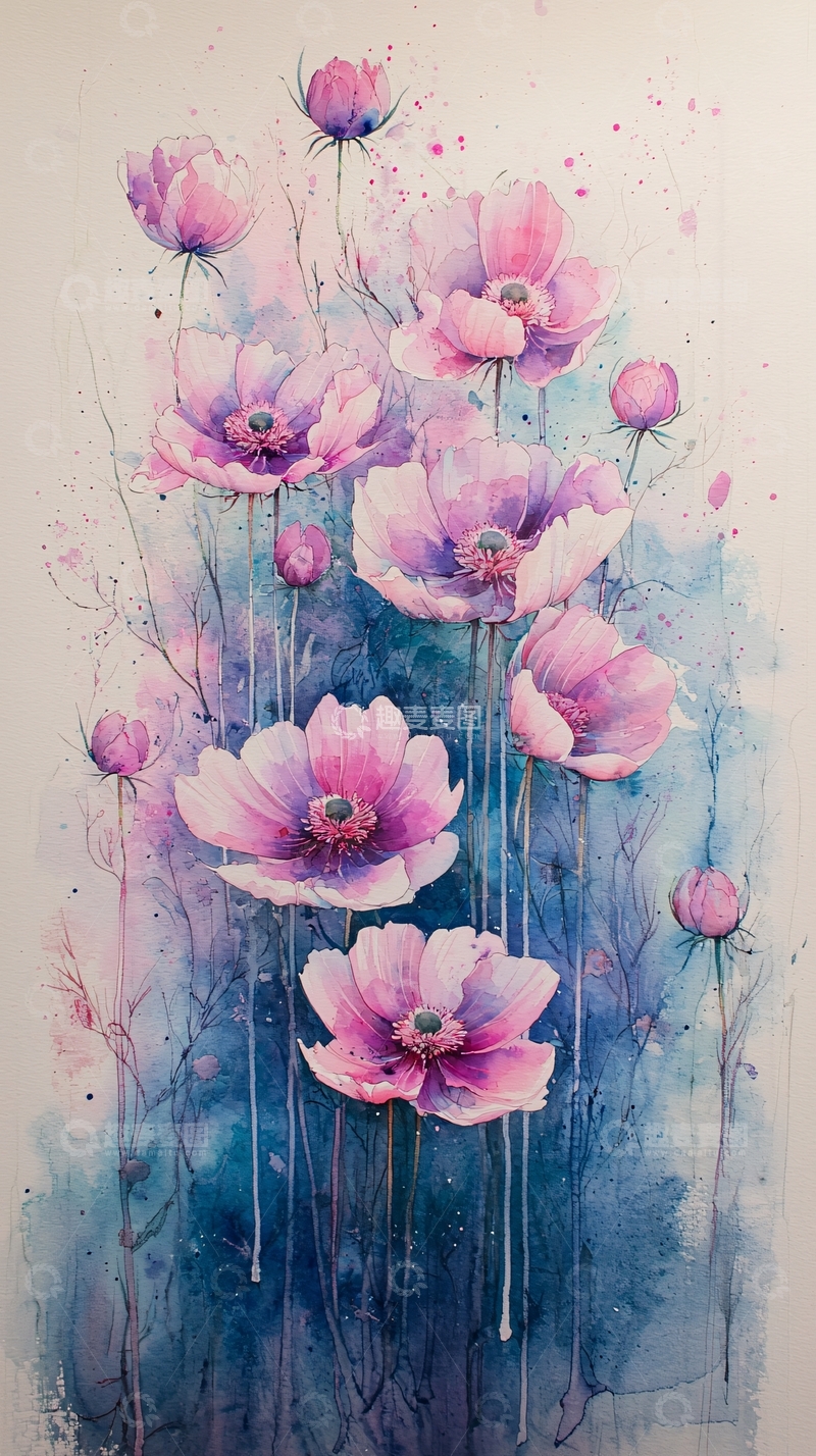 高清大图下载【趣麦麦图】水彩粉紫色宇宙花