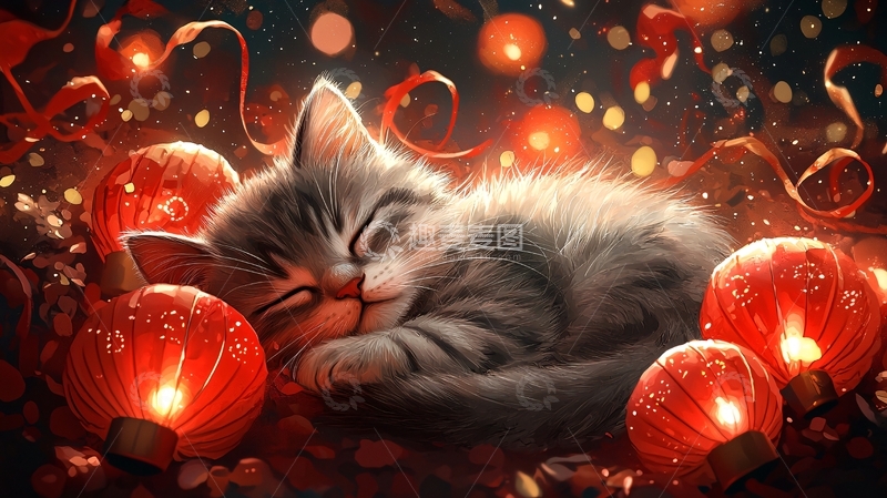 高清大图下载【趣麦麦图】小猫睡在红灯笼里