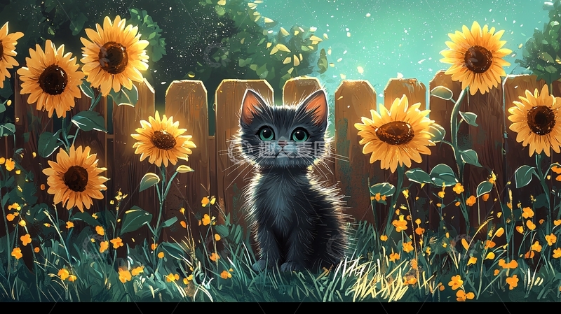 高清大图下载【趣麦麦图】小猫向日葵田园风光