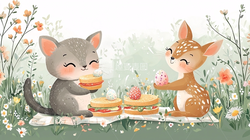 高清大图下载【趣麦麦图】小猫小鹿野餐图