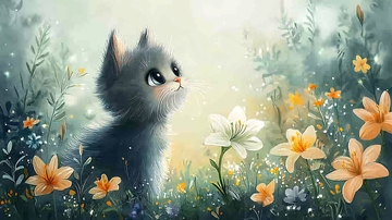 小猫在花丛中仰望