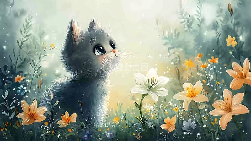 高清大图下载【趣麦麦图】小猫在花丛中仰望