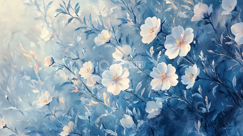 高清大图下载【趣麦麦图】蓝白花朵水彩画