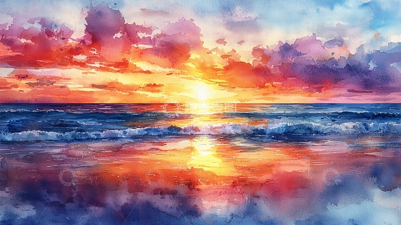 高清大图下载【趣麦麦图】水彩夕阳海景