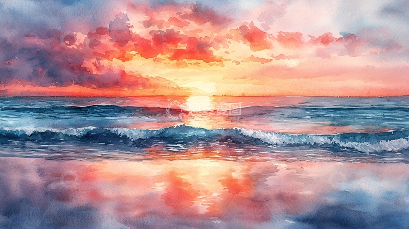 高清大图下载【趣麦麦图】海边日落水彩画