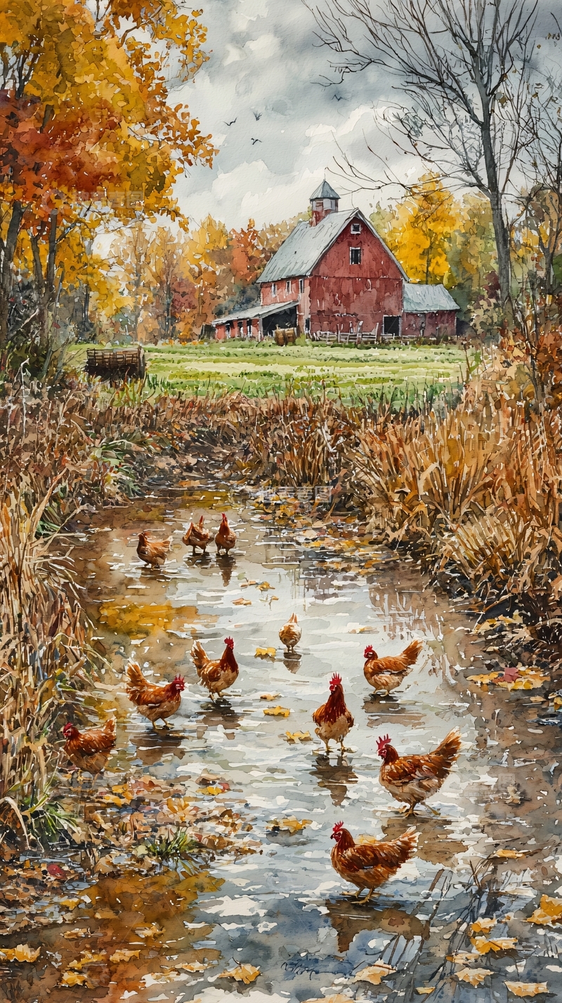 高清大图下载【趣麦麦图】秋日农场红谷仓鸡群溪流