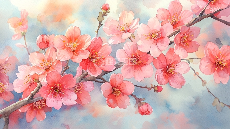 高清大图下载【趣麦麦图】水彩粉红色桃花枝条