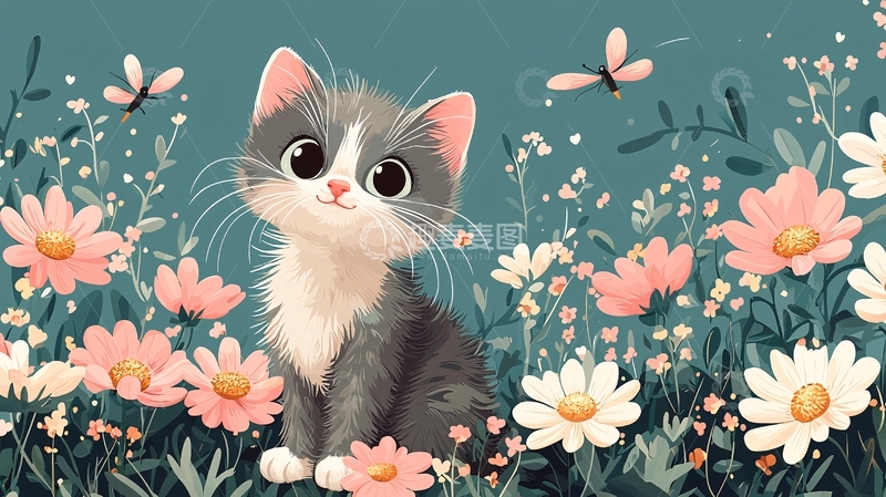 高清大图下载【趣麦麦图】可爱小猫在花丛中