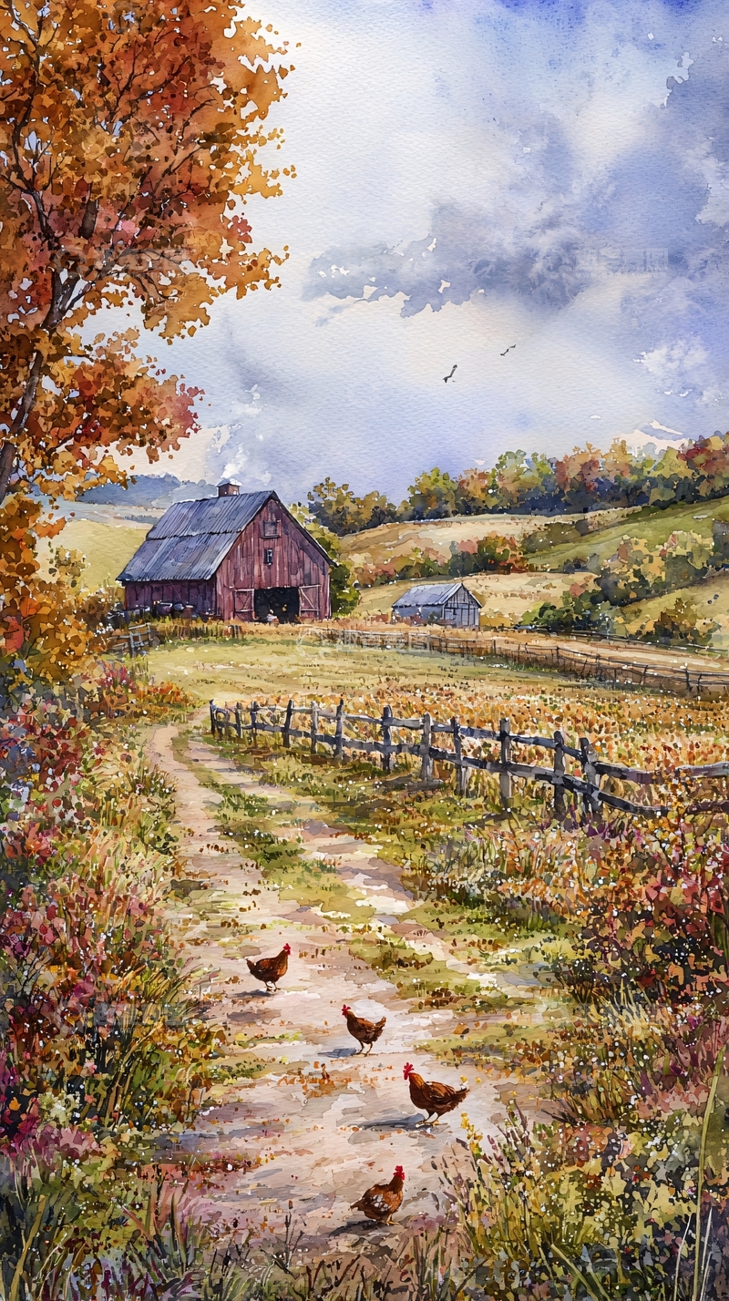 高清大图下载【趣麦麦图】秋日乡间小路红谷仓