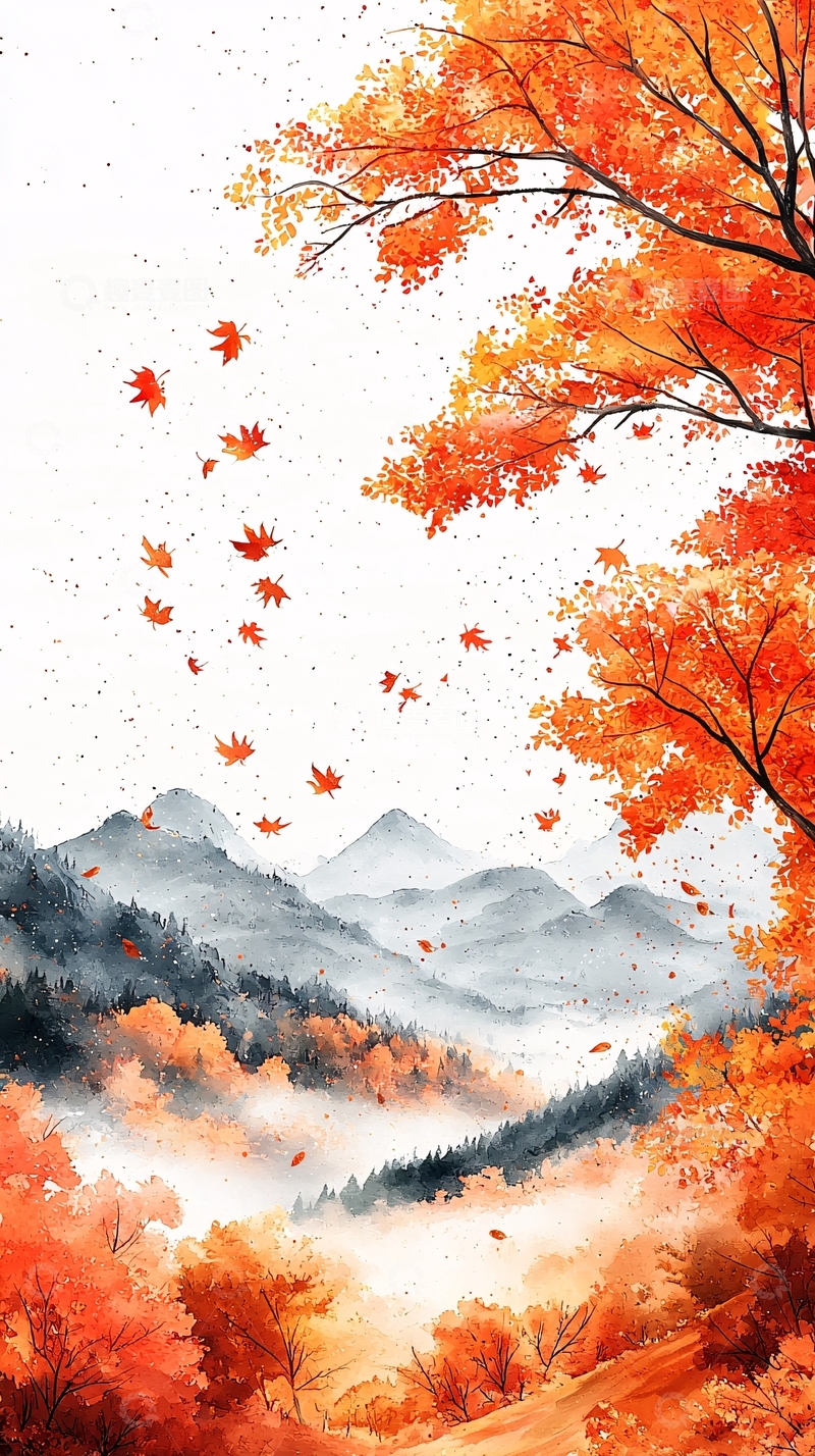 高清大图下载【趣麦麦图】秋枫飘落山间水墨画