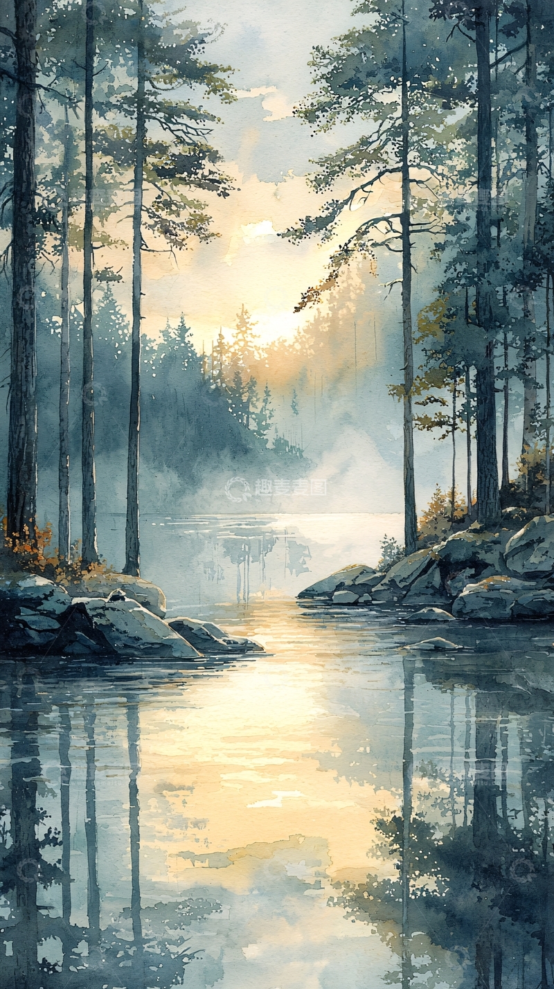 高清大图下载【趣麦麦图】清晨森林湖泊倒影