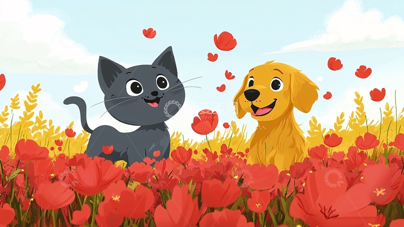 高清大图下载【趣麦麦图】小猫小狗花田