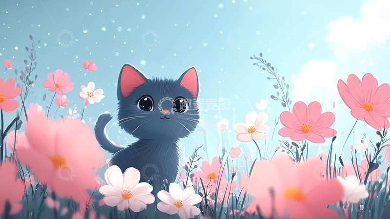 高清大图下载【趣麦麦图】卡通猫在花丛中