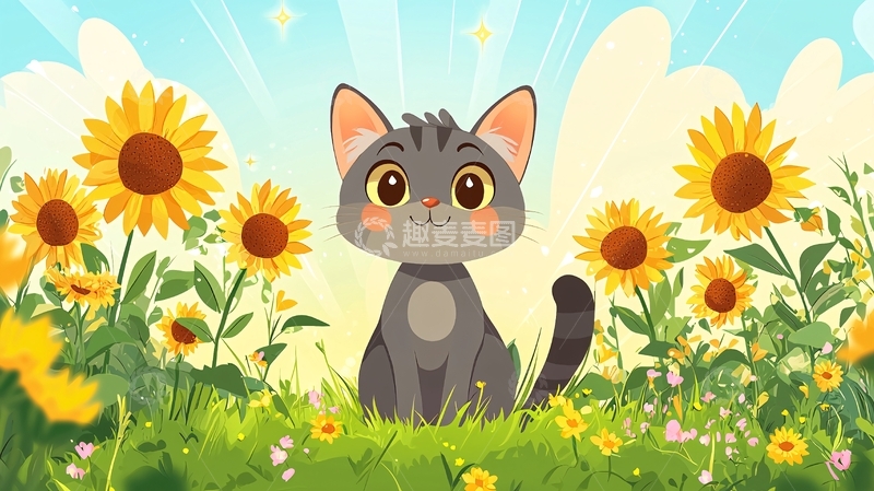 高清大图下载【趣麦麦图】阳光下向日葵田里的可爱小猫