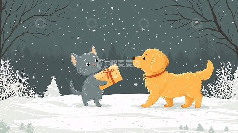 高清大图下载【趣麦麦图】冬夜猫咪送狗礼物