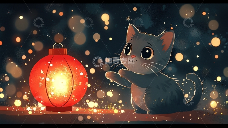 高清大图下载【趣麦麦图】可爱小猫和红灯笼