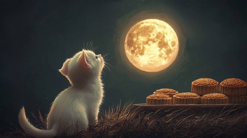小猫望月饼赏月