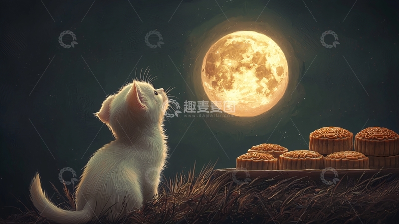 高清大图下载【趣麦麦图】小猫望月饼赏月