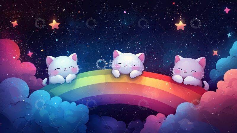 高清大图下载【趣麦麦图】三只小猫彩虹星空背景