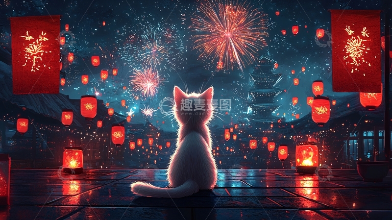 高清大图下载【趣麦麦图】猫看烟花