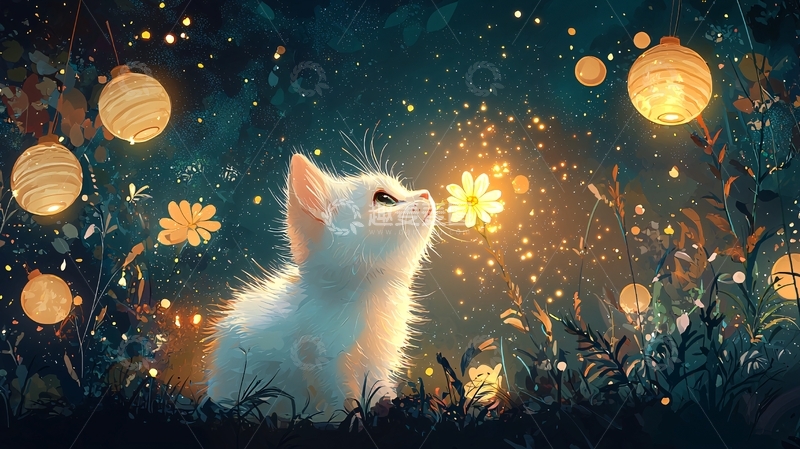 高清大图下载【趣麦麦图】小猫仰望萤火花朵