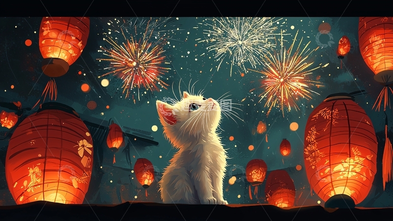 高清大图下载【趣麦麦图】小猫仰望烟火和灯笼