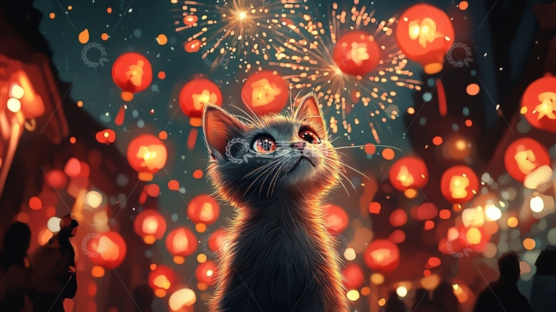 高清大图下载【趣麦麦图】小猫仰望烟火和灯笼