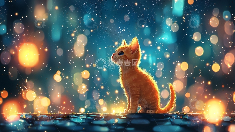 高清大图下载【趣麦麦图】小猫雨夜灯光