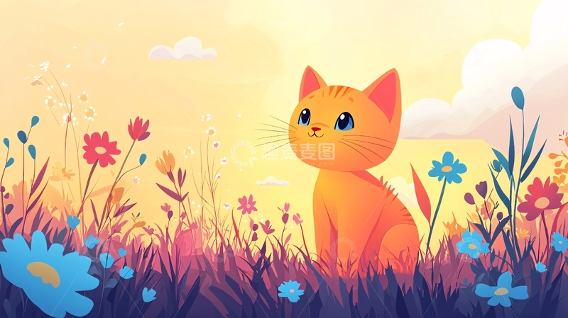 高清大图下载【趣麦麦图】小猫坐在花丛中