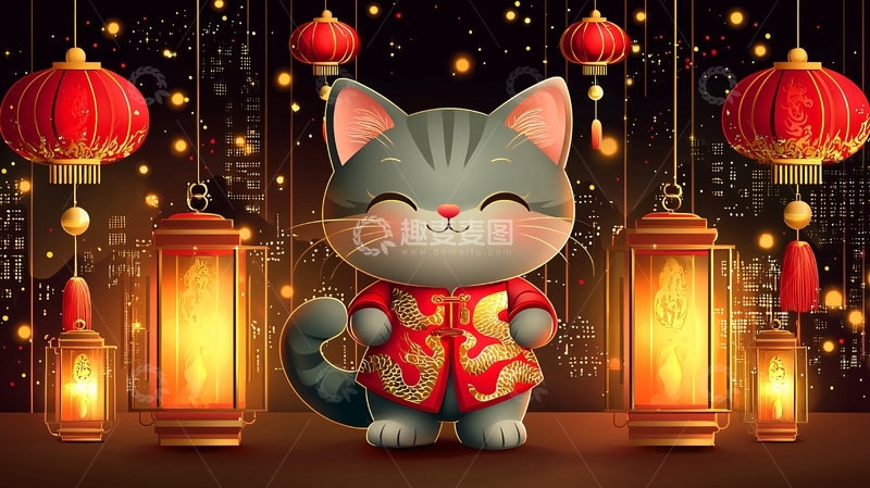 高清大图下载【趣麦麦图】萌猫灯笼中国风