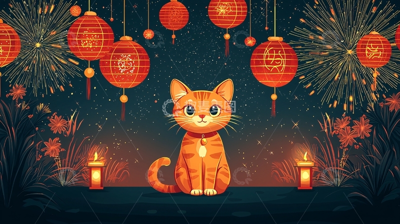 高清大图下载【趣麦麦图】新年小猫灯笼烟花