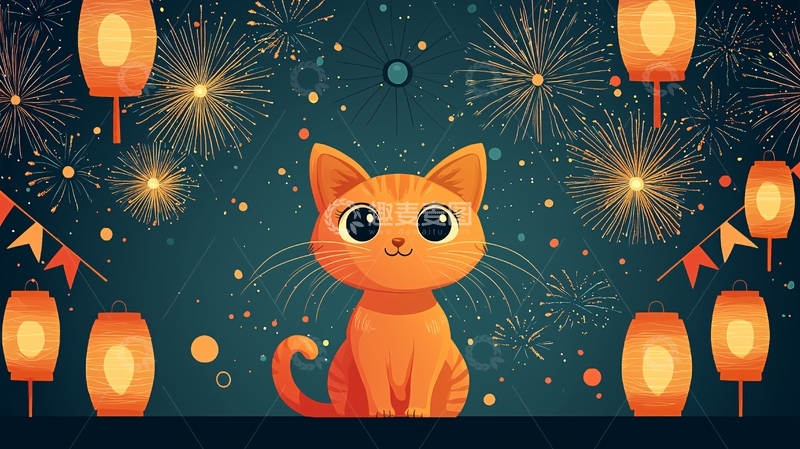 高清大图下载【趣麦麦图】烟火晚会小猫咪