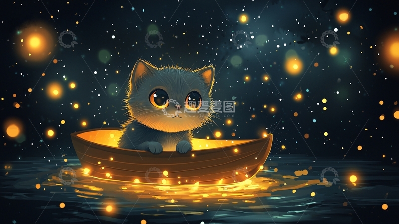 高清大图下载【趣麦麦图】小猫乘船夜航