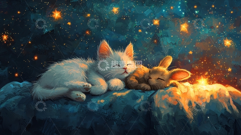 高清大图下载【趣麦麦图】星空下猫咪兔子依偎