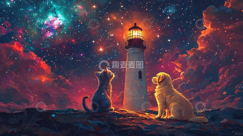 高清大图下载【趣麦麦图】星空灯塔猫咪狗狗