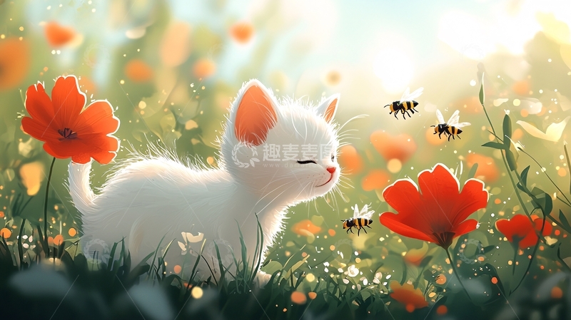 高清大图下载【趣麦麦图】小猫在花丛中玩耍