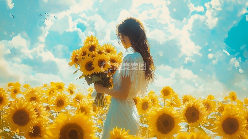 高清大图下载【趣麦麦图】阳光下女孩抱着向日葵