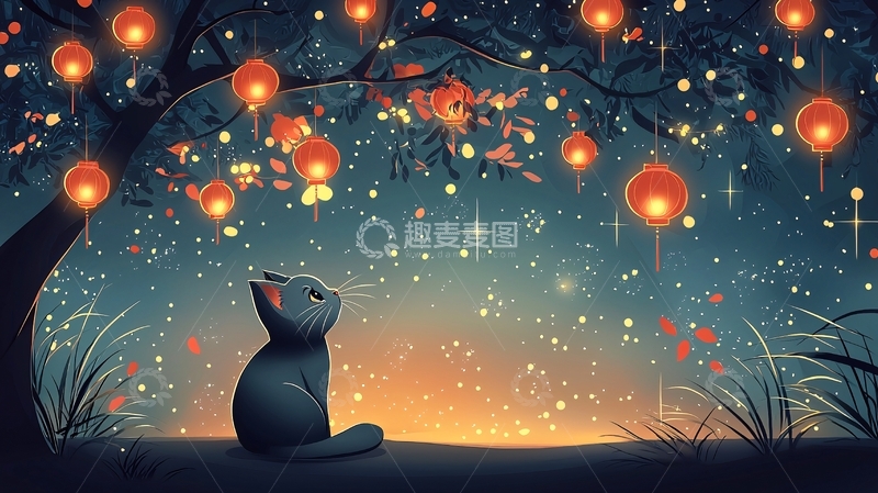 高清大图下载【趣麦麦图】小猫仰望灯笼树