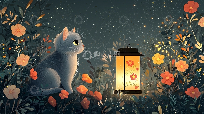 高清大图下载【趣麦麦图】夜晚花园猫咪灯笼