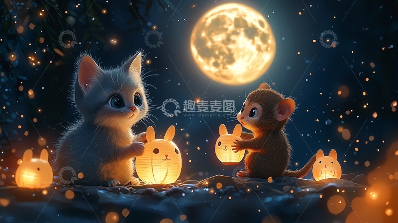 高清大图下载【趣麦麦图】猫咪猴子萤火虫月亮