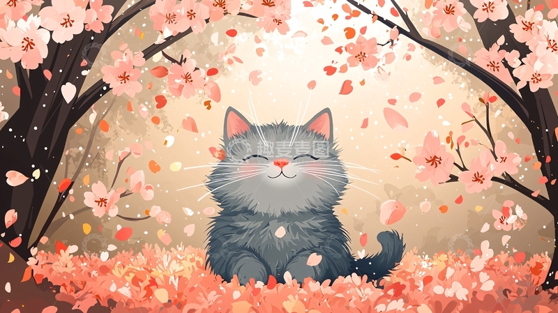 高清大图下载【趣麦麦图】樱花树下的小猫咪