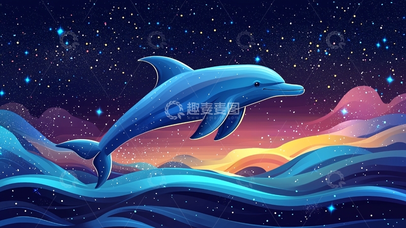 高清大图下载【趣麦麦图】星空下跳跃的海豚
