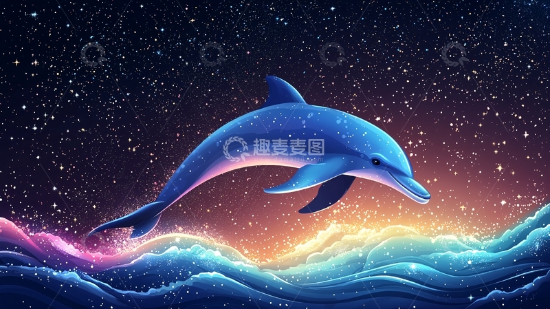 高清大图下载【趣麦麦图】星空下跃起的海豚