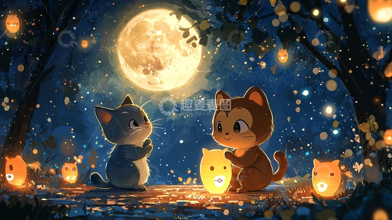 高清大图下载【趣麦麦图】月夜猫咪