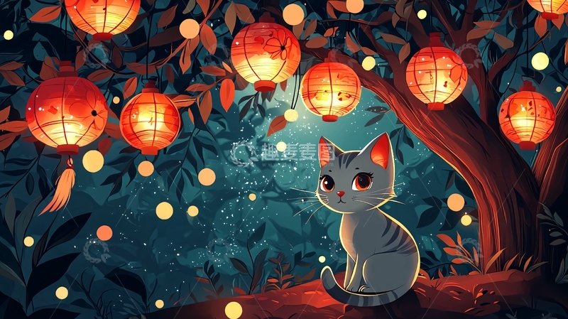 高清大图下载【趣麦麦图】灯笼树下的小猫