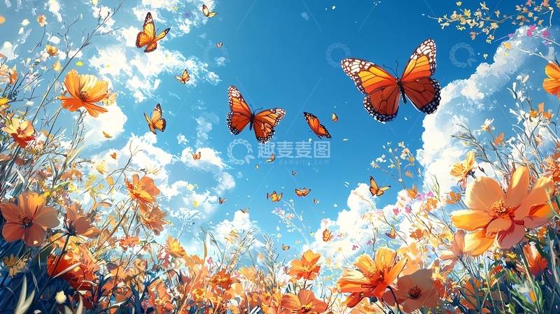 高清大图下载【趣麦麦图】蓝天白云下飞舞的蝴蝶花海