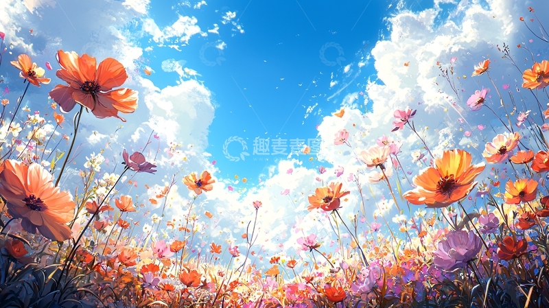 高清大图下载【趣麦麦图】蓝天白云下盛开的波斯菊花海