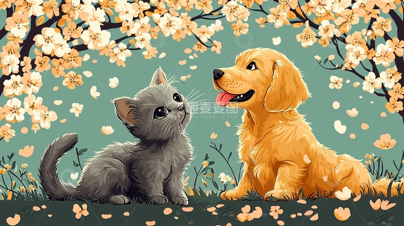 高清大图下载【趣麦麦图】小猫小狗樱花树下