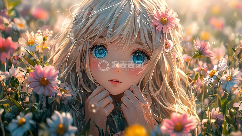 高清大图下载【趣麦麦图】金发蓝眼少女花田